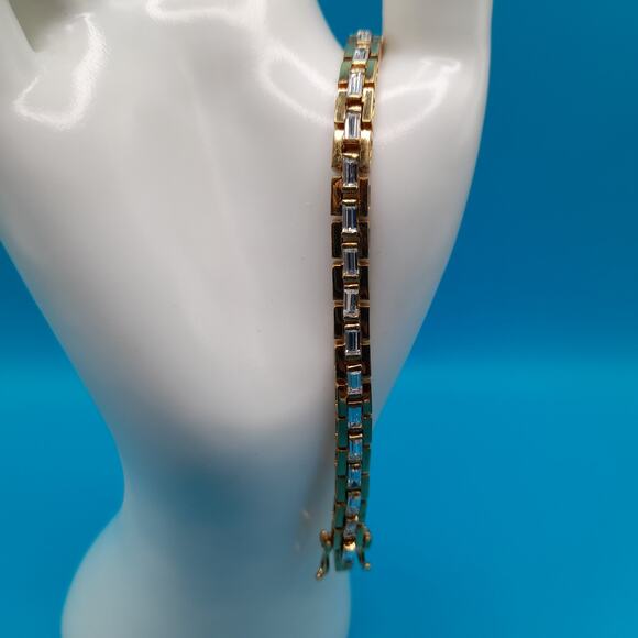 Vintage Clear Baguette Rhinestone Tennis Bracelet, Gold Plated, 7 Inches - Picture 3 of 10